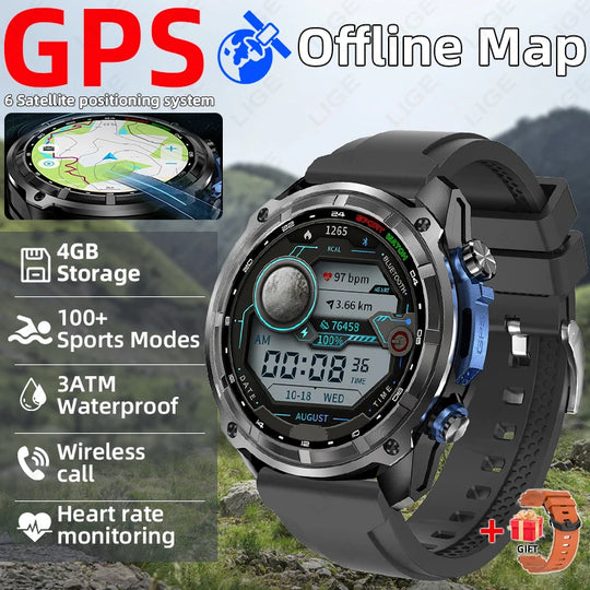 GPS smartwatch showing offline maps, 4GB storage, sports modes, waterproofing, wireless calling and heart rate monitoring