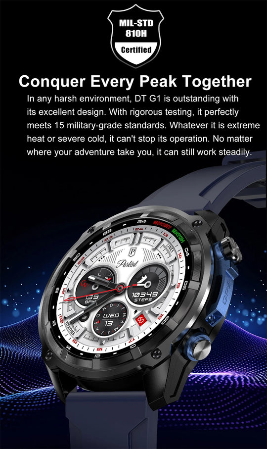 Rugged black GPS military smartwatch with analog style display, blue strap, rotating bezel and side controls in an outdoor promotional graphic