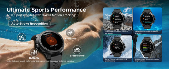 Black sports smartwatch shown with a swimmer, highlighting swim modes, three axis motion tracking, and automatic stroke recognition