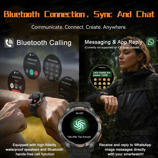 Tactical GPS smartwatch demonstrating Bluetooth calling, WhatsApp message replies, and hands free calls during outdoor use