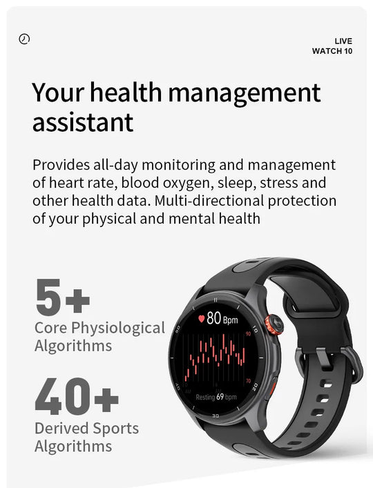 Black GPS smartwatch displaying heart rate data beside health monitoring text and sports tracking features, with over 40 sports algorithms