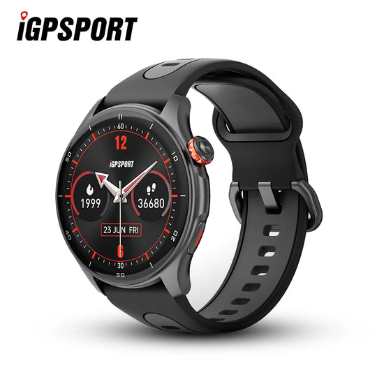 GPS iGPSPORT LW10 outdoor sports smartwatch with black strap, round display, red accents, heart rate icon and fitness data screen