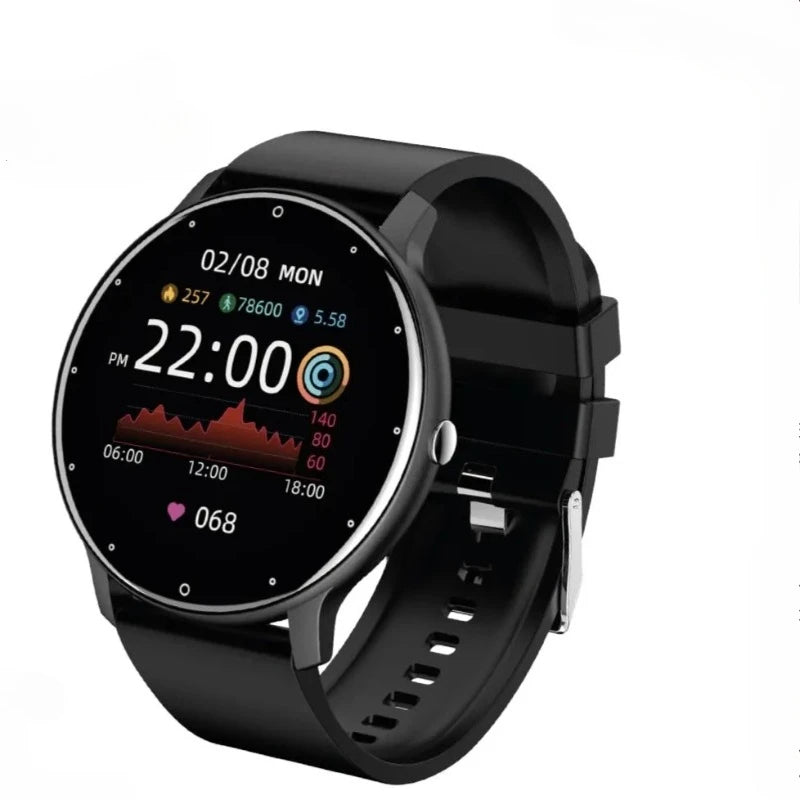 Black round touchscreen fitness smartwatch displaying time, date, activity charts, heart rate, and step count with an adjustable silicone band