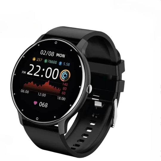 Black round touchscreen fitness smartwatch displaying time, date, activity charts, heart rate, and step count with an adjustable silicone band