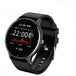 Black round touchscreen fitness smartwatch displaying time, date, activity charts, heart rate, and step count with an adjustable silicone band