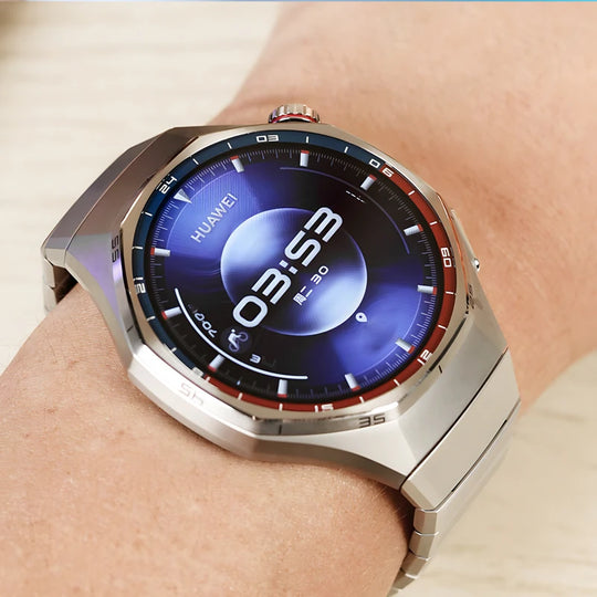 HUAWEI Watch GT 6 Pro smartwatch with a silver metal case and blue digital watch face worn on a wrist