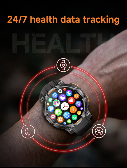 Tactical GPS smartwatch worn on a wrist with colorful health tracking apps and 24 7 health data tracking text