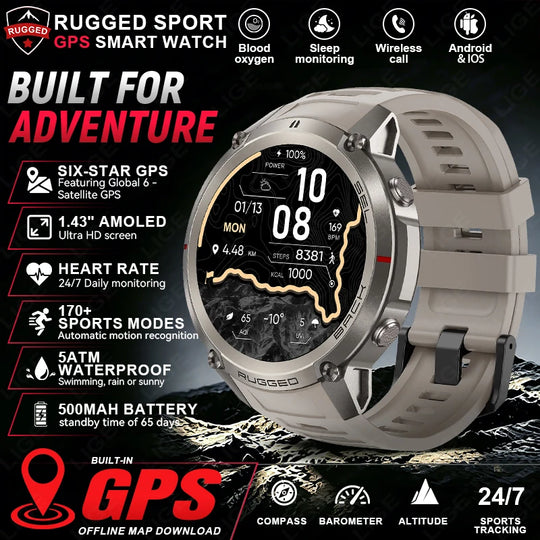 Rugged GPS outdoor smartwatch with AMOLED display, heart rate monitoring, 5ATM waterproofing, sports modes, compass, barometer and altimeter