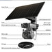 Labeled product diagram of a GPS outdoor solar surveillance camera with solar panel, PTZ lens, white and infrared lights, antenna, TF card and SIM card slots