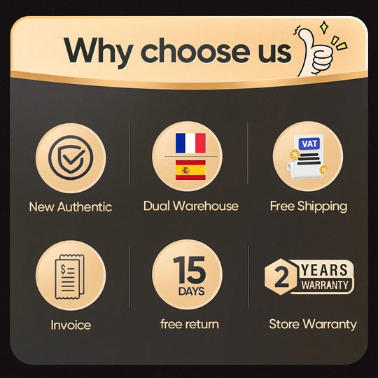 Why choose us infographic showing new authentic products, dual warehouse, free shipping, invoices, 15 day returns, and two year store warranty