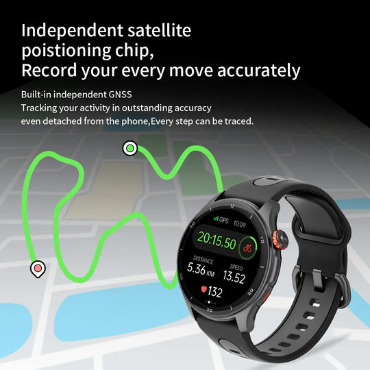 Black GPS sports smartwatch displaying fitness data beside a route map, highlighting independent GNSS satellite positioning and accurate tracking