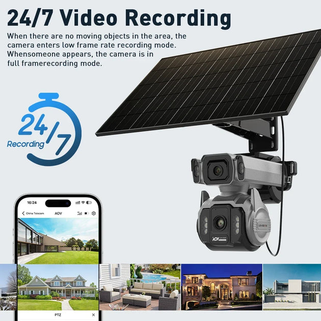 GPS outdoor solar surveillance camera with dual lenses, large solar panel, 24 hour video recording, smart tracking, and mobile app monitoring for home security