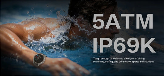 Rugged GPS smartwatch worn by a swimmer in splashing water with 5ATM waterproof and IP69K ratings shown