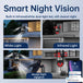 GPS outdoor security camera infographic showing white light and infrared night vision, dual lighting scenes, motion detection, and smartphone monitoring