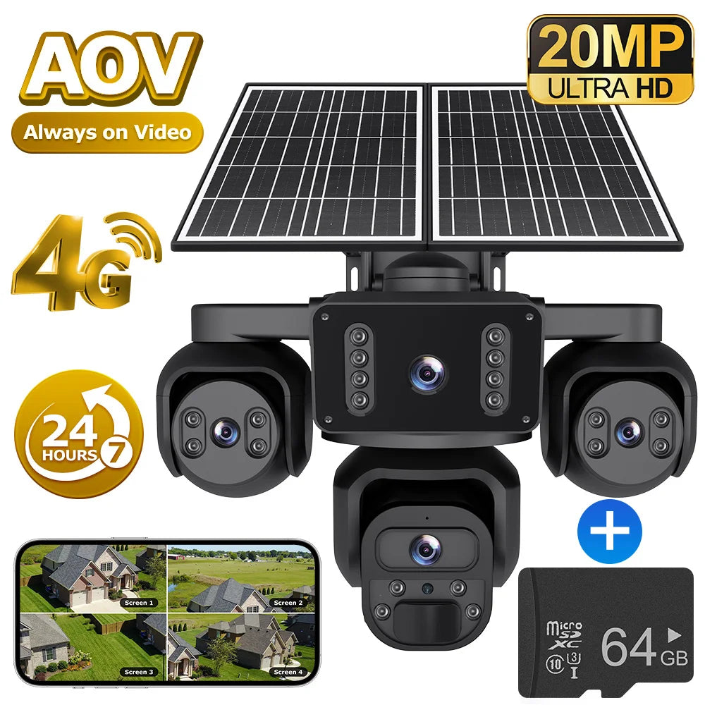 GPS 4G solar security camera with four camera lenses, dual solar panels, 20MP Ultra HD label, 24 hour AOV recording, four screen previews, and 64GB memory card