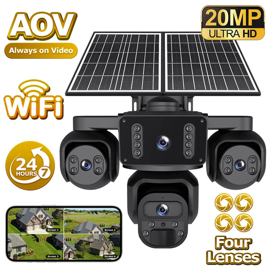 GPS solar security camera with four lenses, dual solar panels, WiFi, 24 hour AOV recording, and four surveillance views for trail and wildlife monitoring