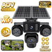 GPS solar security camera with four lenses, dual solar panels, WiFi, 24 hour AOV recording, and four surveillance views for trail and wildlife monitoring