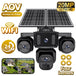 GPS solar security camera with four lenses, dual solar panels, WiFi, 24 hour AOV recording, and four surveillance views for trail and wildlife monitoring