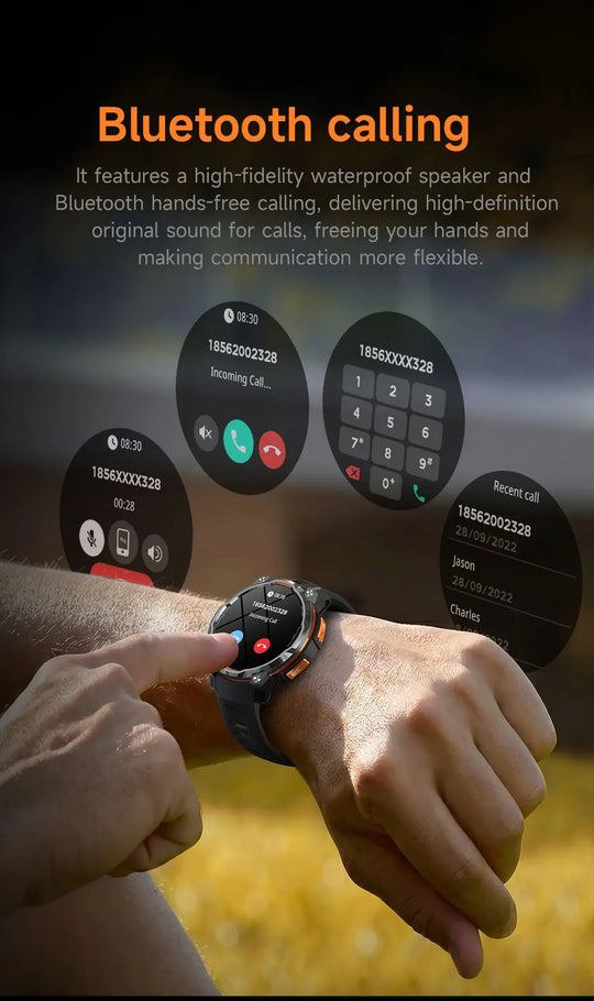 Outdoor tactical smartwatch on a wrist displaying Bluetooth calling with floating phone keypad and recent call screens in the background