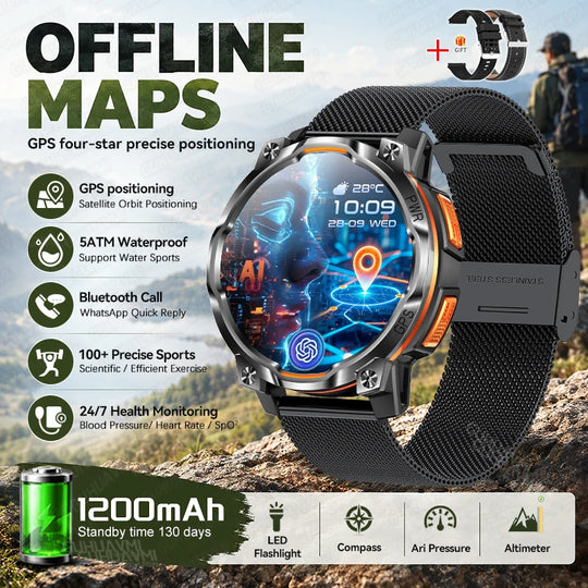 Rugged GPS smartwatch showing offline maps, 1200mAh battery, built in flashlight, compass, altimeter and health monitoring features