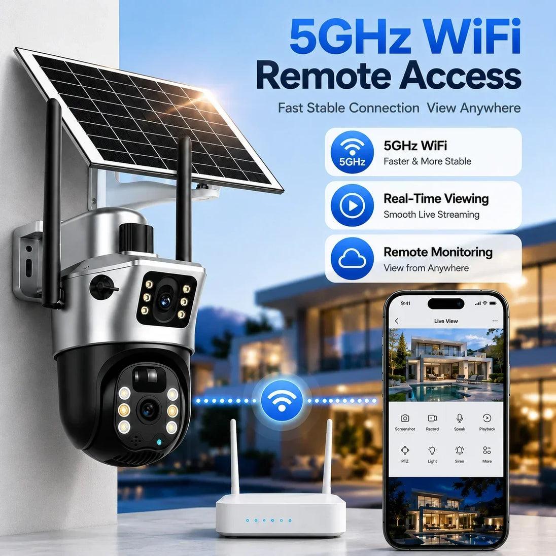 GPS solar powered PTZ security camera with dual lenses, wireless router, and smartphone showing remote live monitoring over 5GHz WiFi outdoors