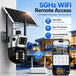 GPS solar powered PTZ security camera with dual lenses, wireless router, and smartphone showing remote live monitoring over 5GHz WiFi outdoors