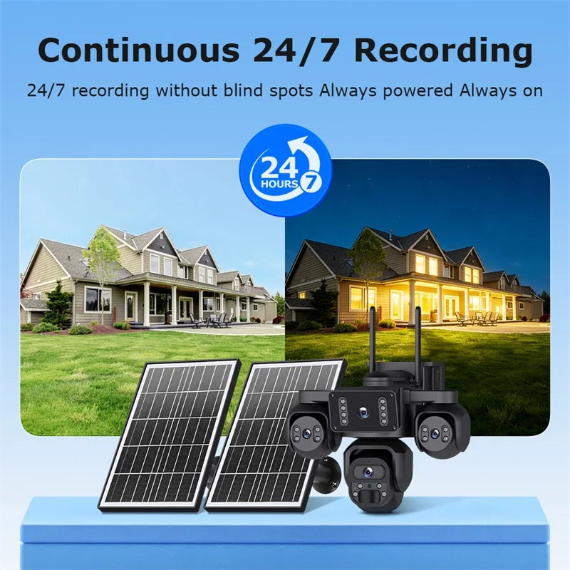 GPS solar security camera with four lenses and dual solar panels, shown monitoring a home day and night for continuous round the clock recording
