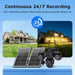 GPS solar security camera with four lenses and dual solar panels, shown monitoring a home day and night for continuous round the clock recording