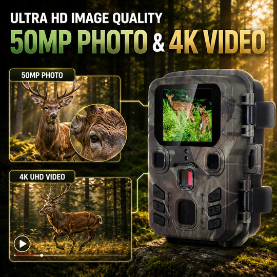 Promotional graphic of a camouflaged trail camera showing deer photos with 50MP photo and 4K UHD video claims