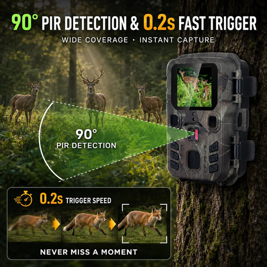 GPS trail camera mounted on a tree showing deer and fox wildlife with 90 degree PIR detection and 0.2 second trigger speed