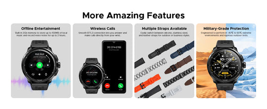 DOOGEE Anymoving M1 Pro smartwatch feature infographic showing offline music wireless calls interchangeable straps and military grade protection
