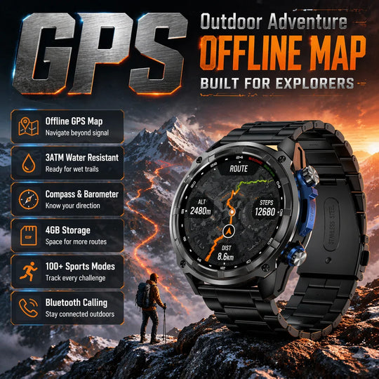 GPS outdoor smartwatch promotional graphic showing offline maps, compass, barometer, 4GB storage, sports modes and Bluetooth calling against mountains