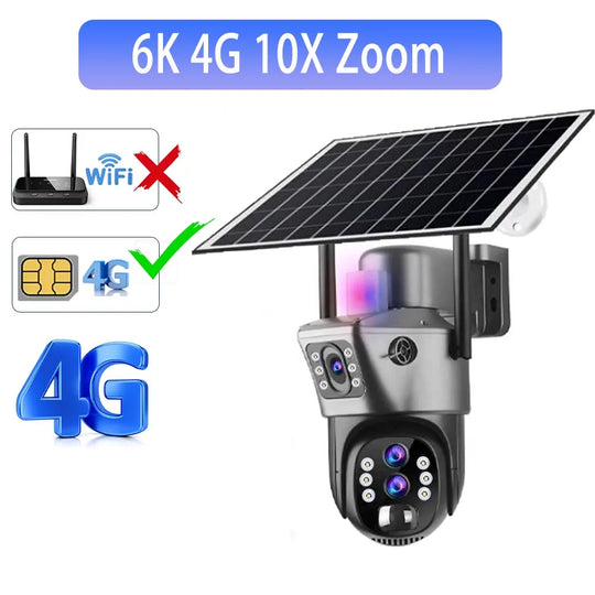 GPS solar powered 4G outdoor security camera with solar panel, PTZ housing, multiple lenses, SIM card graphic, and 6K 10X zoom callout