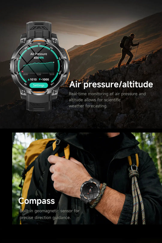 Tactical GPS smartwatch displaying air pressure and altitude above a hiker, with compass navigation shown on a wrist outdoors