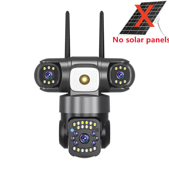 GPS outdoor security camera with three lenses, dual antennas, central motion light, and lower PTZ camera module, shown without solar panels