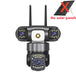GPS outdoor security camera with three lenses, dual antennas, central motion light, and lower PTZ camera module, shown without solar panels