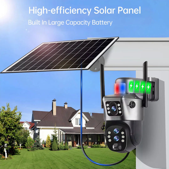 GPS solar outdoor security camera with dual lens housing, high efficiency solar panel, built in battery, and mounting bracket shown outside a home