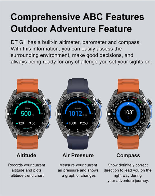Outdoor smartwatch infographic showing ABC features with altitude, air pressure, and compass displays on three GPS watches