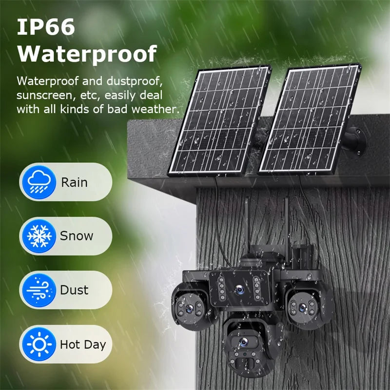 GPS solar powered outdoor security camera with four lenses and dual panels mounted on a tree, shown with IP66 waterproof protection for rain snow dust and hot weather