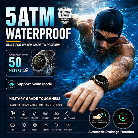 Tactical GPS smartwatch shown during swimming with 5ATM waterproofing, 50 metre rating, swim mode and automatic drainage function