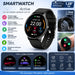Black round touchscreen smartwatch infographic showing heart rate, sleep, sports tracking, Bluetooth calls, and IP68 water resistance