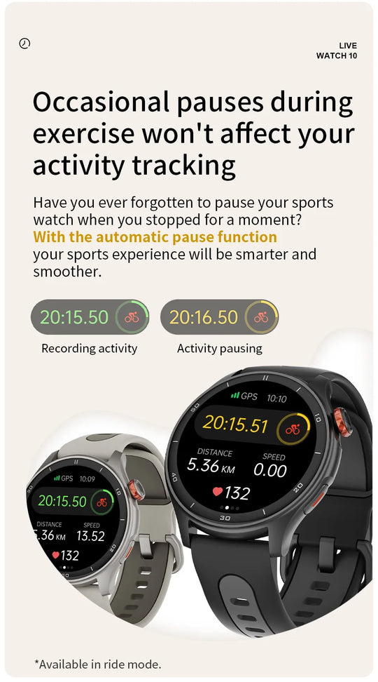 GPS sports smartwatches showing automatic pause during exercise, with activity tracking screens and black and silver watch bands