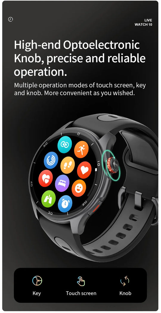 GPS LW10 outdoor sports smartwatch with round touchscreen, black silicone strap, and key, touch screen, and knob controls