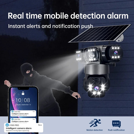 GPS solar powered outdoor security camera with three lenses detects a person at night and sends real time motion alerts to a smartphone