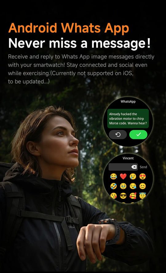 GPS tactical smartwatch displaying Android WhatsApp messages and emoji replies while a woman stands outdoors in tactical gear