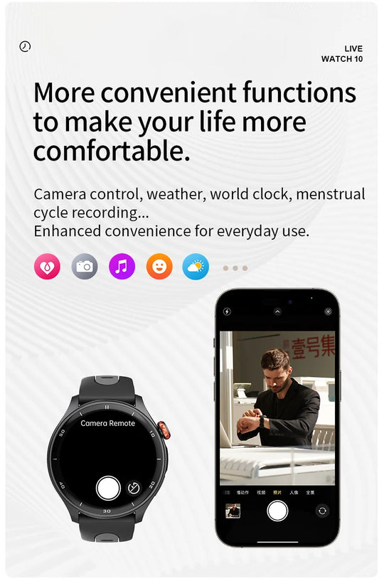 Infographic showing a GPS sports smartwatch with camera remote control, paired with a smartphone displaying a photo preview and lifestyle features.