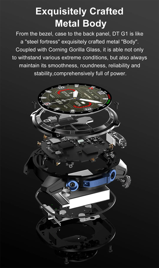 Exploded view of a rugged GPS smartwatch showing its metal bezel, case, internal components, blue buttons, and round display