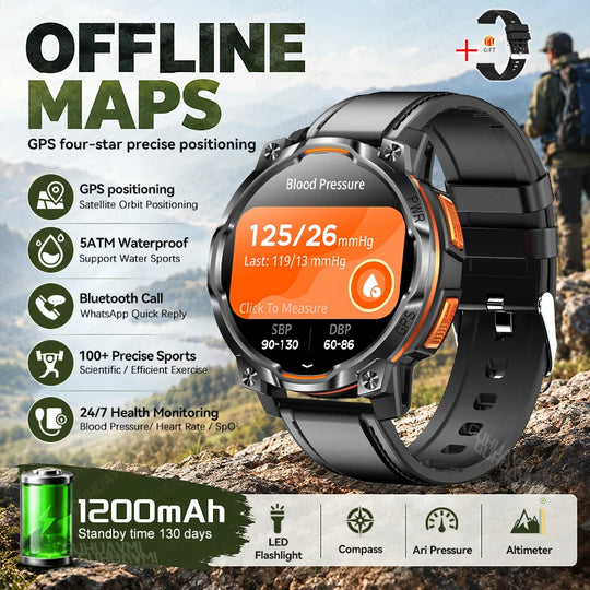 Tactical GPS smartwatch with offline maps, blood pressure display, 1200mAh battery, built in flashlight, compass and altimeter outdoors