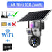 GPS solar outdoor surveillance camera with mounted solar panel, multi lens design, WiFi connectivity, 6K video, 10x zoom, and 32 GB storage shown in product graphic