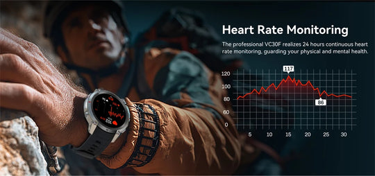 Rugged GPS smartwatch on an outdoor user's wrist with a heart rate monitoring graph showing readings up to 117 bpm